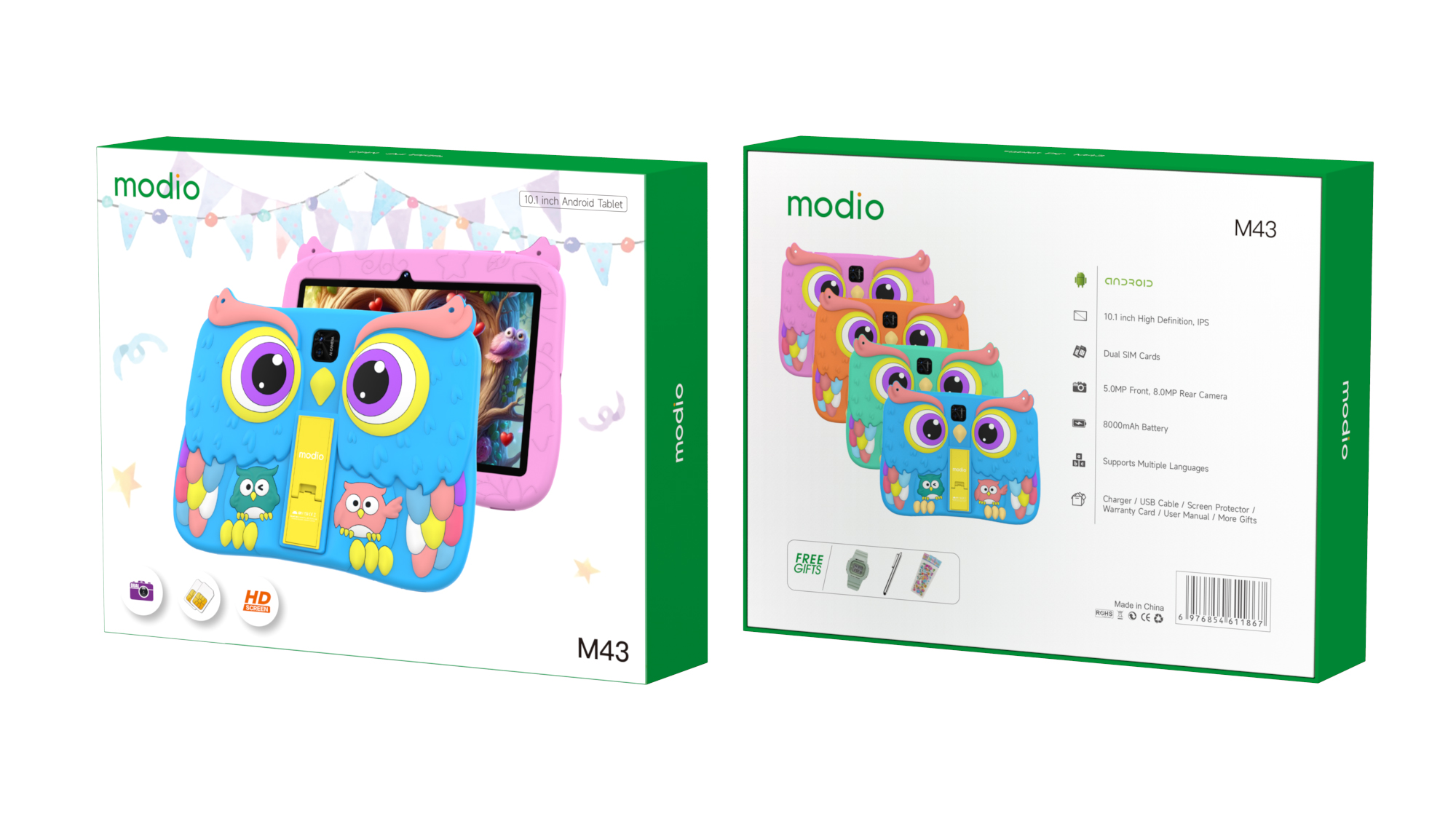 Modio M43 Kids Tablet 10.1 Inch 8GB RAM + 512GB ROM 1280×800 HD Display Dual SIM 10000mAh Battery 8MP Rear + 5MP Front Camera Android Tablet with Shockproof Owl Case
