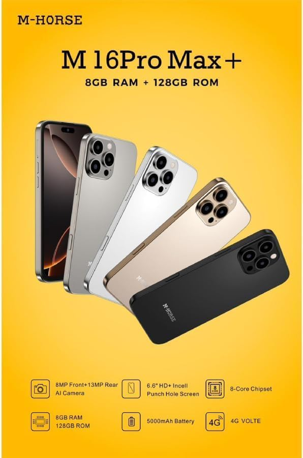 M-HORSE M16 Pro Max + 6.6'' HD + incell 8GB RAM + 128GB ROM 8MP Front camera +13MP Rear camera 5000mAh battery capacity  side fingerprint UNLOCK Android 14 phone smartphone