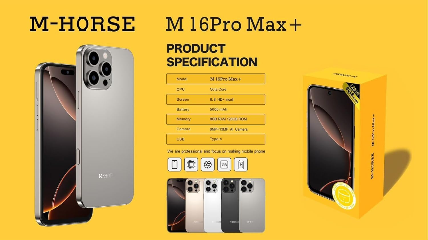 M-HORSE M16 Pro Max + 6.6'' HD + incell 8GB RAM + 128GB ROM 8MP Front camera +13MP Rear camera 5000mAh battery capacity  side fingerprint UNLOCK Android 14 phone smartphone