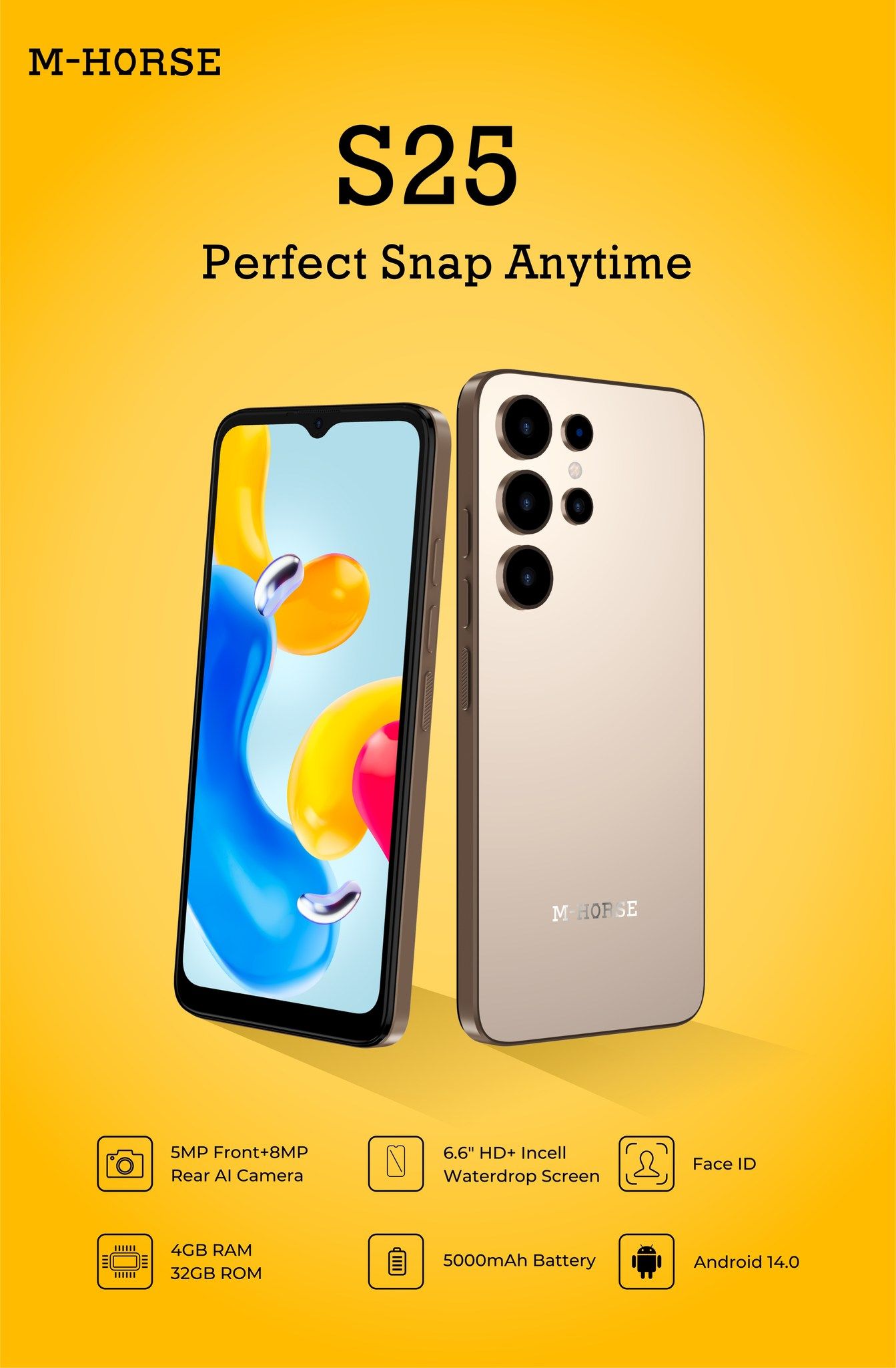 M-HORSE S25 6.6'' HD + incell 4GB RAM + 32GB ROM 5MP Front camera +8MP Rear camera 5000mAh battery capacity with stylus pen side fingerprint UNLOCK Android 14 phone smartphone