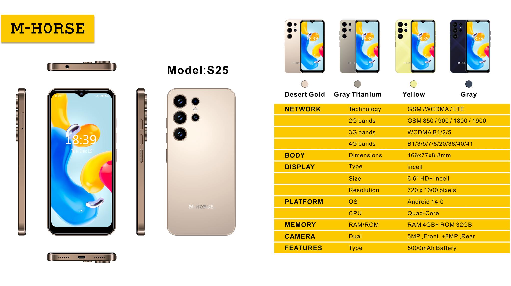 M-HORSE S25 6.6'' HD + incell 4GB RAM + 32GB ROM 5MP Front camera +8MP Rear camera 5000mAh battery capacity with stylus pen side fingerprint UNLOCK Android 14 phone smartphone