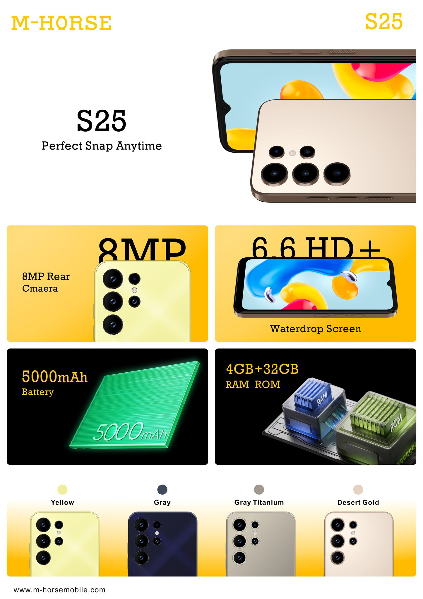 M-HORSE S25 6.6'' HD + incell 4GB RAM + 32GB ROM 5MP Front camera +8MP Rear camera 5000mAh battery capacity with stylus pen side fingerprint UNLOCK Android 14 phone smartphone