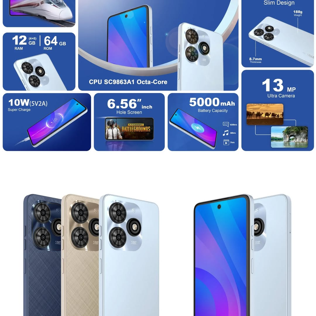 KGTEL NOVA 10 PRO 64GB Storage +12GB RAM (4+8)GB 5000mAh Dual SIM 13MP Camera 8MP SELFIE 6.56" LCD Screen 4G Finger Print Enabled  Smart Phones+FREE GIFTS(SPEAKER , EARPODS,C-C CABLE,FLASH DISK+ WATCH