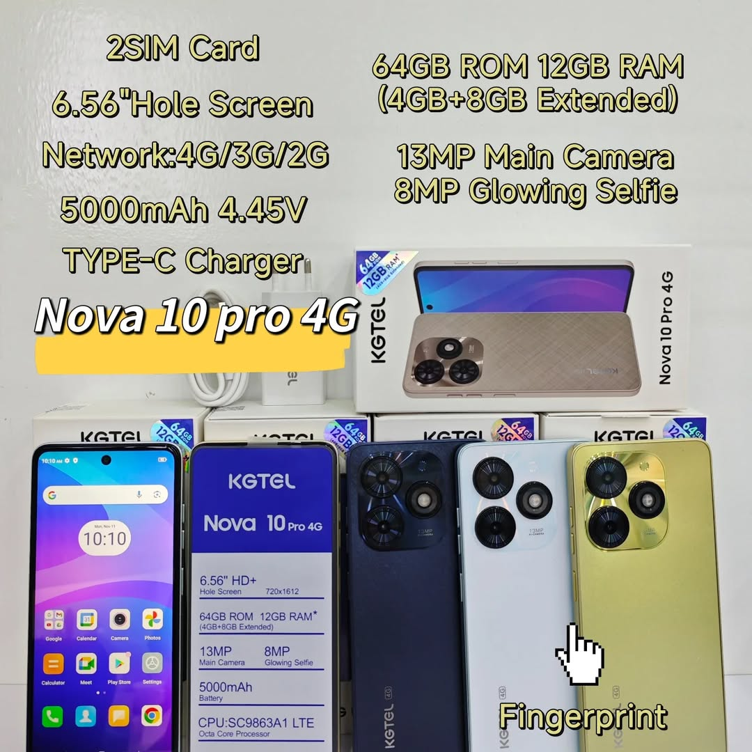 KGTEL NOVA 10 PRO 64GB Storage +12GB RAM (4+8)GB 5000mAh Dual SIM 13MP Camera 8MP SELFIE 6.56" LCD Screen 4G Finger Print Enabled  Smart Phones+FREE GIFTS(SPEAKER , EARPODS,C-C CABLE,FLASH DISK+ WATCH