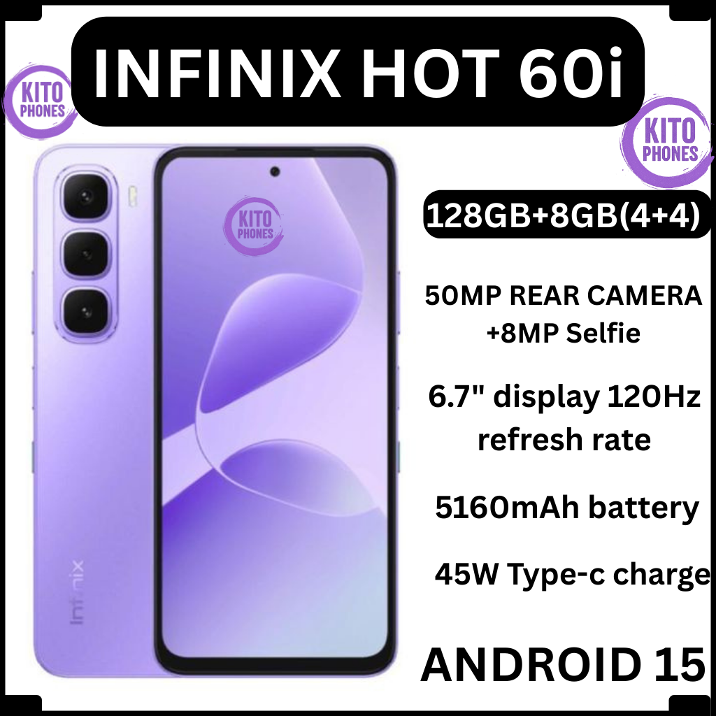 Infinix Hot 60i 8(4+4)GB RAM+128GB 6.7'' 120Hz 4G Slim Phone Dual SIM 5160mAh 45W Fast Charging 50MP Camera Side Fingerprint Lock IP64 Gyroscope G81 Ultimate One-Tap AI Smart Phones