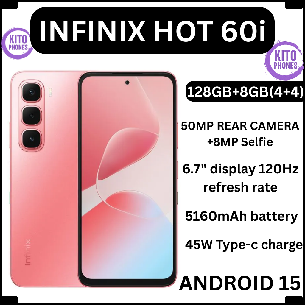 Infinix Hot 60i 8(4+4)GB RAM+128GB 6.7'' 120Hz 4G Slim Phone Dual SIM 5160mAh 45W Fast Charging 50MP Camera Side Fingerprint Lock IP64 Gyroscope G81 Ultimate One-Tap AI Smart Phones
