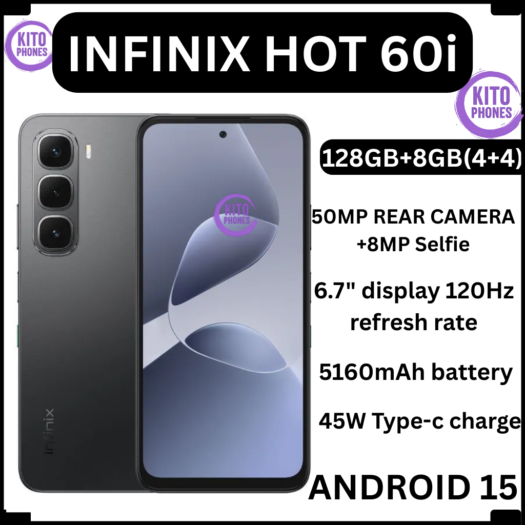 Infinix Hot 60i 8(4+4)GB RAM+128GB 6.7'' 120Hz 4G Slim Phone Dual SIM 5160mAh 45W Fast Charging 50MP Camera Side Fingerprint Lock IP64 Gyroscope G81 Ultimate One-Tap AI Smart Phones