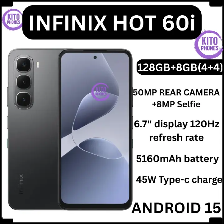 Infinix Hot 60i 8(4+4)GB RAM+128GB 6.7'' 120Hz 4G Slim Phone Dual SIM 5160mAh 45W Fast Charging 50MP Camera Side Fingerprint Lock IP64 Gyroscope G81 Ultimate One-Tap AI Smart Phones