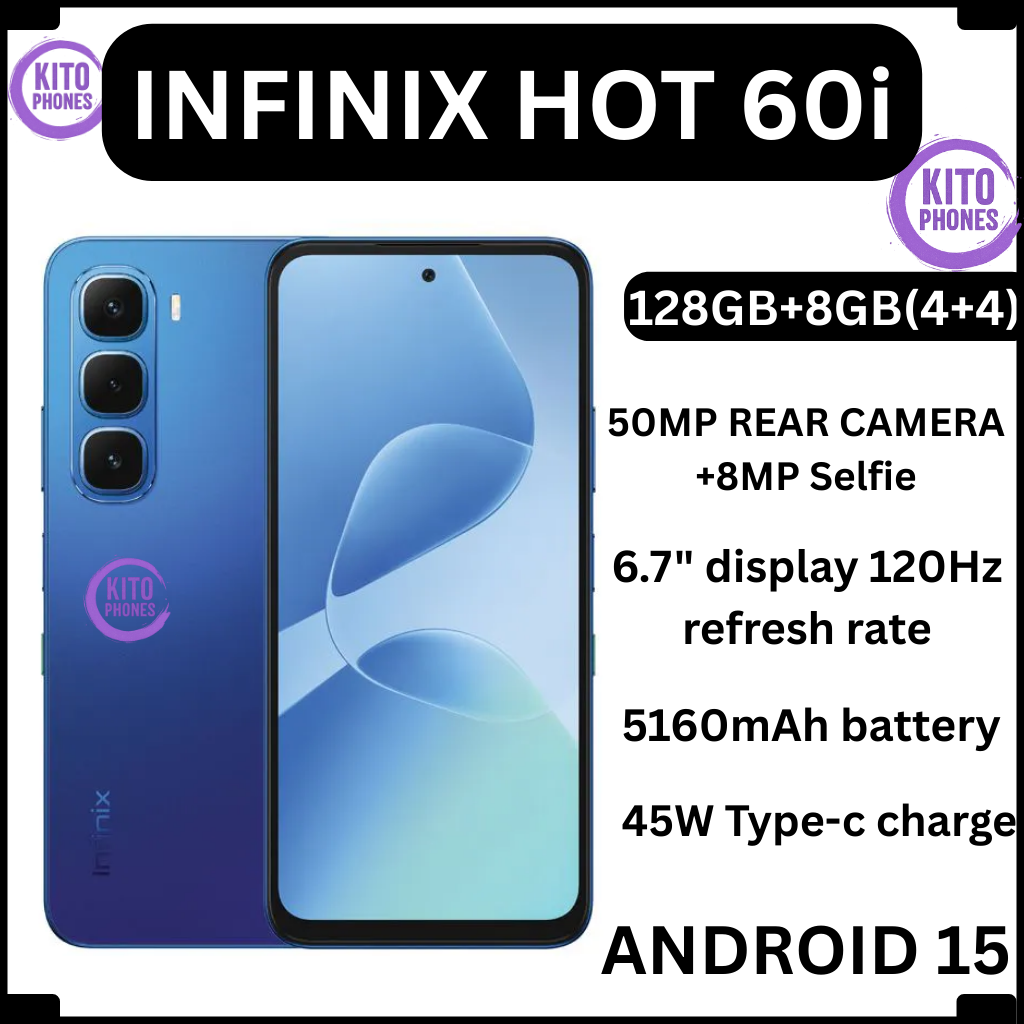 Infinix Hot 60i 8(4+4)GB RAM+128GB 6.7'' 120Hz 4G Slim Phone Dual SIM 5160mAh 45W Fast Charging 50MP Camera Side Fingerprint Lock IP64 Gyroscope G81 Ultimate One-Tap AI Smart Phones