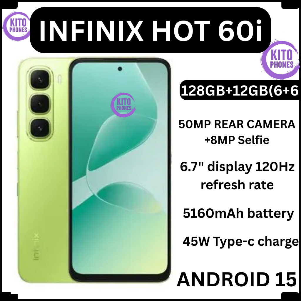Infinix Hot 60i 12GB ( 6GB+6GB )RAM + 128GB 6.7" 120Hz 4G Slim Phone Dual SIM 5160mAh 45W Fast Charging 50MP Camera IP64 Fingerprint Lock Gyroscope MTK G81 Ultimate One-Tap AI Smart Phones