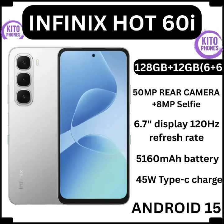 Infinix Hot 60i 12GB ( 6GB+6GB )RAM + 128GB 6.7" 120Hz 4G Slim Phone Dual SIM 5160mAh 45W Fast Charging 50MP Camera IP64 Fingerprint Lock Gyroscope MTK G81 Ultimate One-Tap AI Smart Phones