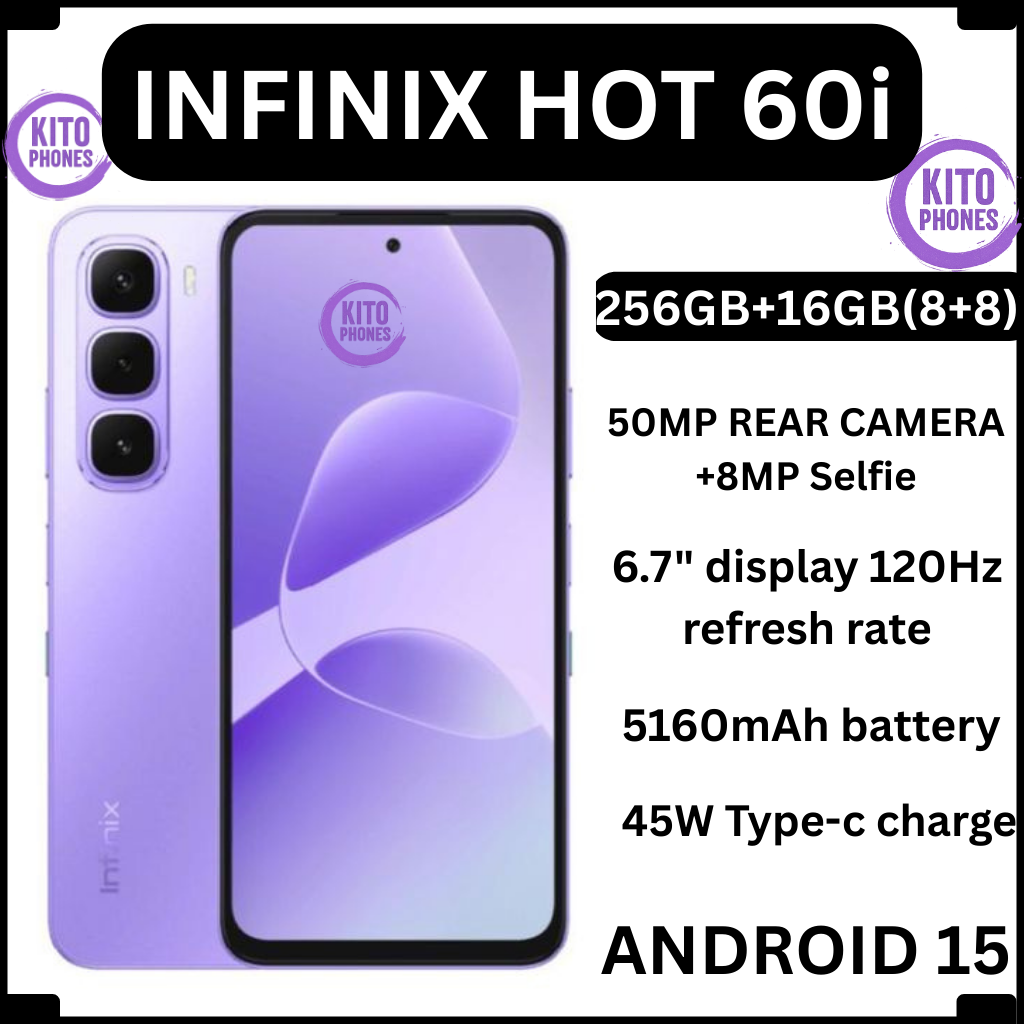 Infinix Hot 60i 256GB+16(8+8)GB 6.7" 120Hz Screen 4G Phone Dual SIM 5160mAh Battery 45W Charging 50MP Camera Fingerprint Lock Android 15 G81 Smart AI smart Phones + free gifts