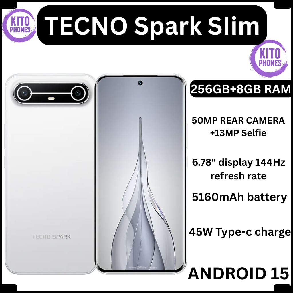 TECNO SPARK SLIM, 8GB RAM 256GB ROM, 5160mAh BATTERY WITH 45W SUPER CHARGING, IP64-RATED SPLASH AND DUST RESISTANCE, 6.78" AMOLED DISPLAY, 50MP MAIN CAMERA 13MP SELFIE, TYPE C DUAL SIM CARD SMARTPHONE