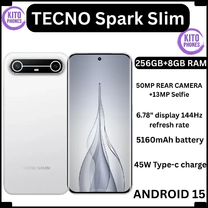 TECNO SPARK SLIM, 8GB RAM 256GB ROM, 5160mAh BATTERY WITH 45W SUPER CHARGING, IP64-RATED SPLASH AND DUST RESISTANCE, 6.78" AMOLED DISPLAY, 50MP MAIN CAMERA 13MP SELFIE, TYPE C DUAL SIM CARD SMARTPHONE