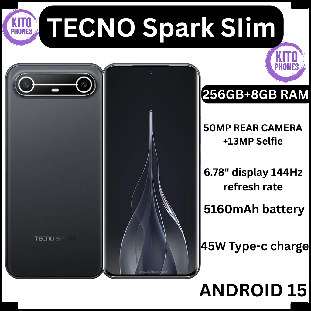 TECNO SPARK SLIM, 8GB RAM 256GB ROM, 5160mAh BATTERY WITH 45W SUPER CHARGING, IP64-RATED SPLASH AND DUST RESISTANCE, 6.78" AMOLED DISPLAY, 50MP MAIN CAMERA 13MP SELFIE, TYPE C DUAL SIM CARD SMARTPHONE