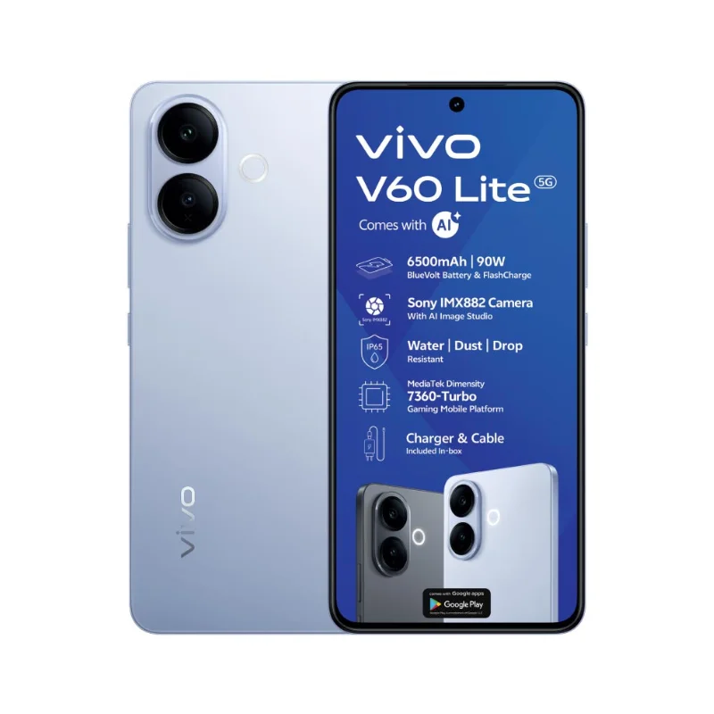 Vivo V60 Lite 5G 256GB ROM +12GB RAM 6.7" 120Hz AMOLED Display 50MP Camera 6500mAh Battery 90W Fast Charging Dual SIM IP 65 Water & Dust Resistance Android 15 On-Screen Fingerprint AI Smartphone