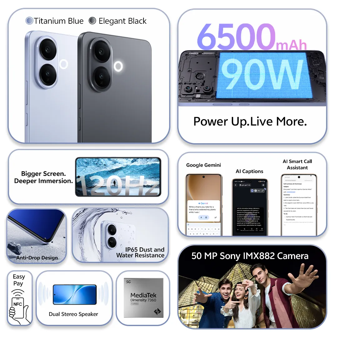 Vivo V60 Lite 5G 256GB ROM +12GB RAM 6.7" 120Hz AMOLED Display 50MP Camera 6500mAh Battery 90W Fast Charging Dual SIM IP 65 Water & Dust Resistance Android 15 On-Screen Fingerprint AI Smartphone