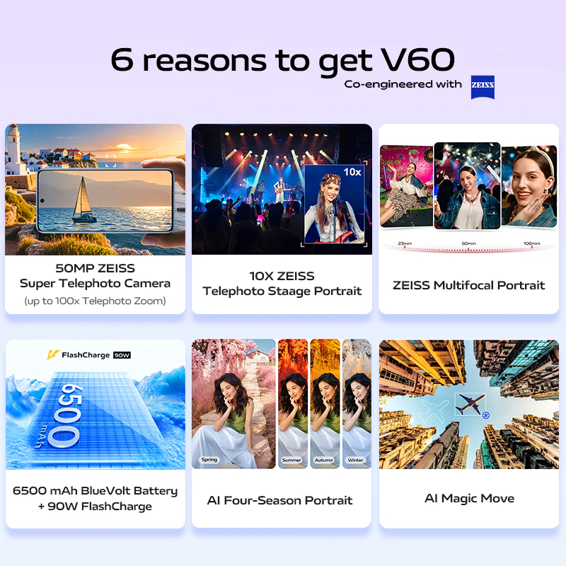 Vivo V60 256GB ROM +8GB RAM 6.7" 120Hz AMOLED Display 50MP Camera 6500mAh Battery 90W Fast Charging Dual SIM IP 65 Water & Dust Resistance Android 15 On-Screen Fingerprint AI Smartphone