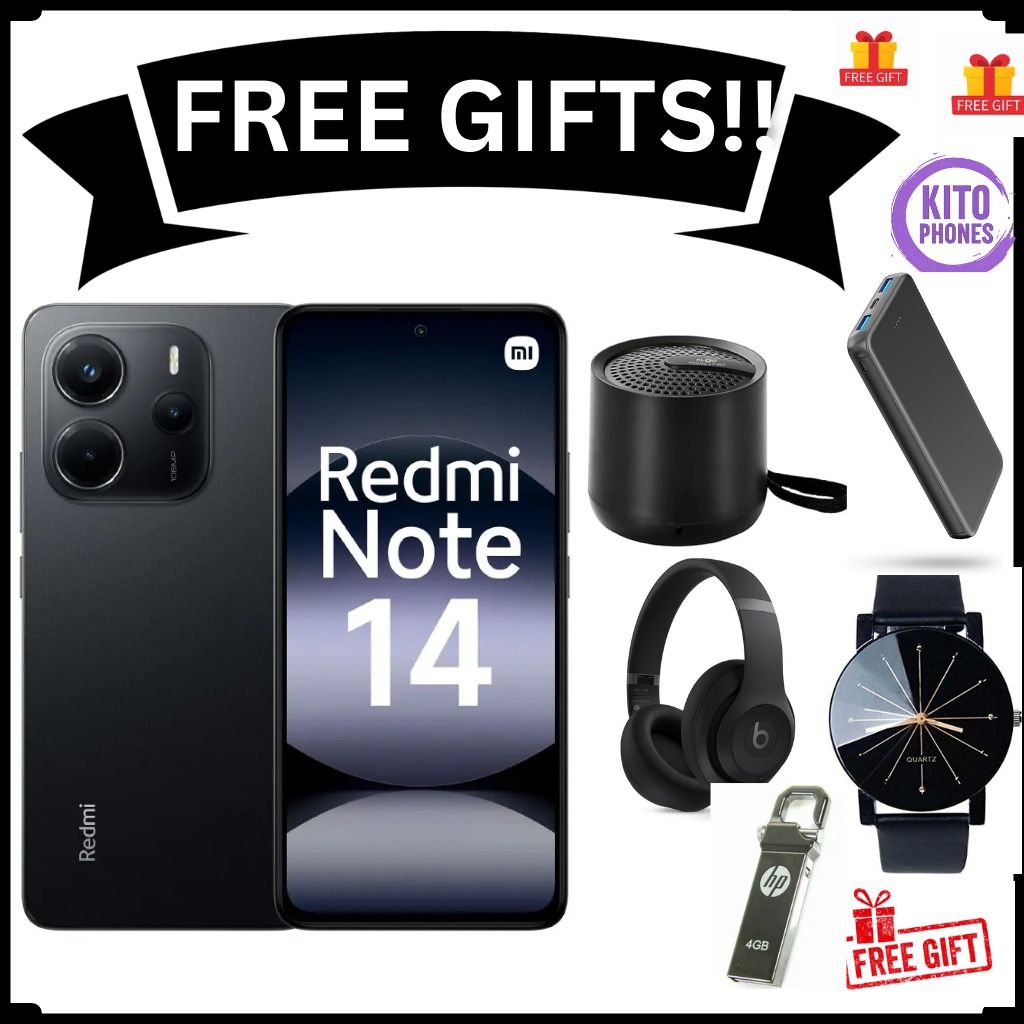 XIAOMI Redmi Note 14 256GB ROM+8GB RAM 6.67" AMOLED Display 108MP Camera 5500mAh Battery 120Hz IP54 Dust resistant Smart Phones +FREE GIFTS (SPEAKER+FLASH DISK+WATCH +POWERBANK+HEADPHONES)FOR YOU