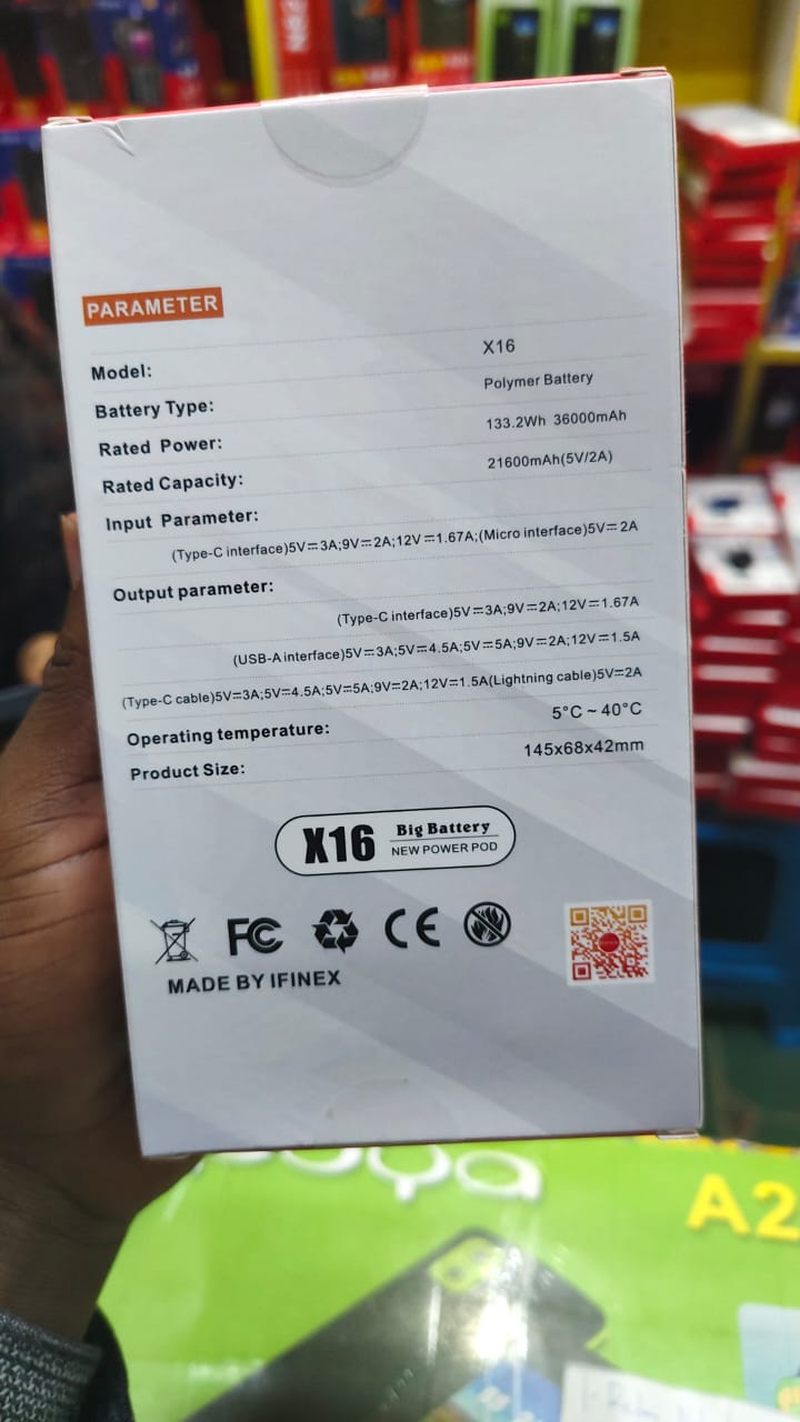 Ifinex X16 Ultra Slim Portable Power Bank 36000mAh RATED POWER ,RATED CAPACITY 21600mAh (5V/2A) WITH USB,MICROUSB ,TYPE C ,WITH TORCH,,POWERBANK