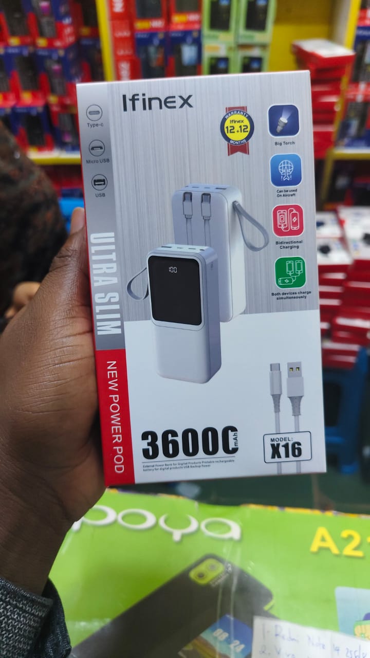 Ifinex X16 Ultra Slim Portable Power Bank 36000mAh RATED POWER ,RATED CAPACITY 21600mAh (5V/2A) WITH USB,MICROUSB ,TYPE C ,WITH TORCH,,POWERBANK