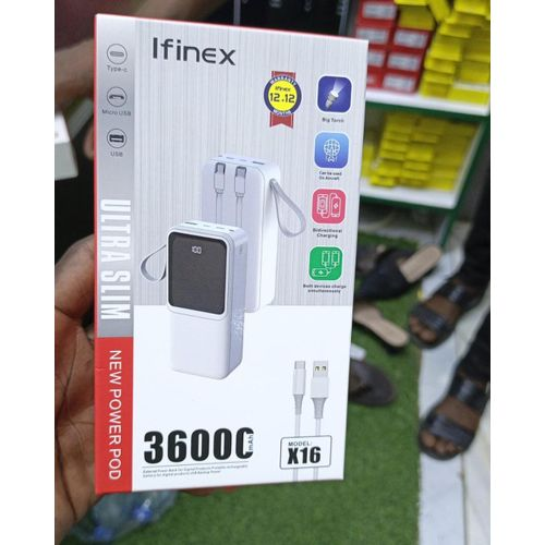 Ifinex X16 Ultra Slim Portable Power Bank 36000mAh RATED POWER ,RATED CAPACITY 21600mAh (5V/2A) WITH USB,MICROUSB ,TYPE C ,WITH TORCH,,POWERBANK