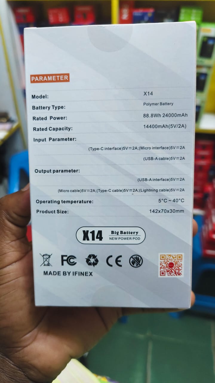 Ifinex X14 Ultra Slim Portable Power Bank 24000mAh RATED POWER ,RATED CAPACITY 14400mAh (5V/2A) WITH USB,MICROUSB ,TYPE C ,WITH TORCH,,POWERBANK