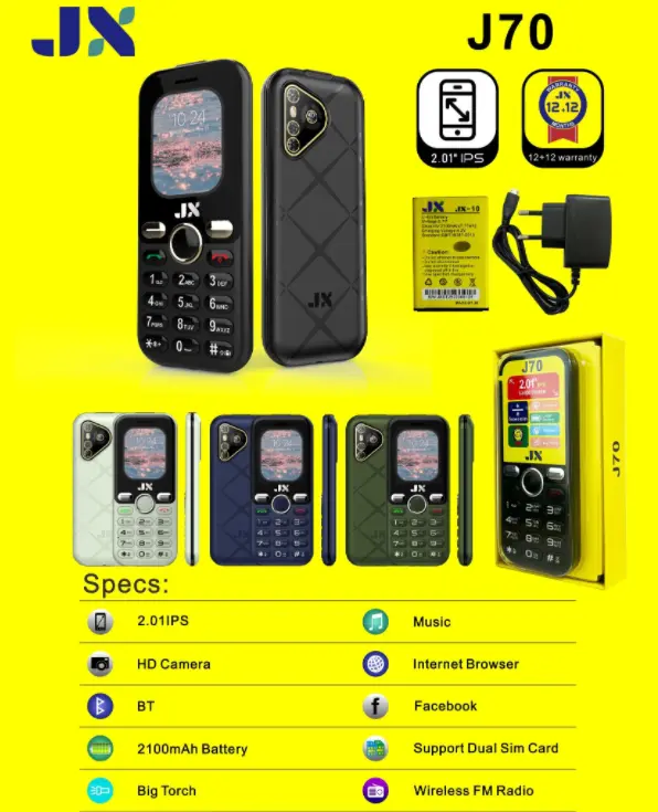 JX J70 VERY BIG BATTERY 2100MAH HD CAMERA DUAL SIM CARD WIRELESS FM SCREEN DISPLAY 2.01’’ VIBRATION AUDIO AND VIDEO PLAYER TORCH 1 YEAR WARRANTY KABAMBE/MULIKA /FEATURED PHONE