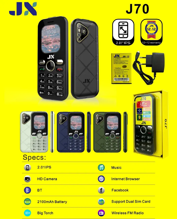 JX J70 VERY BIG BATTERY 2100MAH HD CAMERA DUAL SIM CARD WIRELESS FM SCREEN DISPLAY 2.01’’ VIBRATION AUDIO AND VIDEO PLAYER TORCH 1 YEAR WARRANTY KABAMBE/MULIKA /FEATURED PHONE