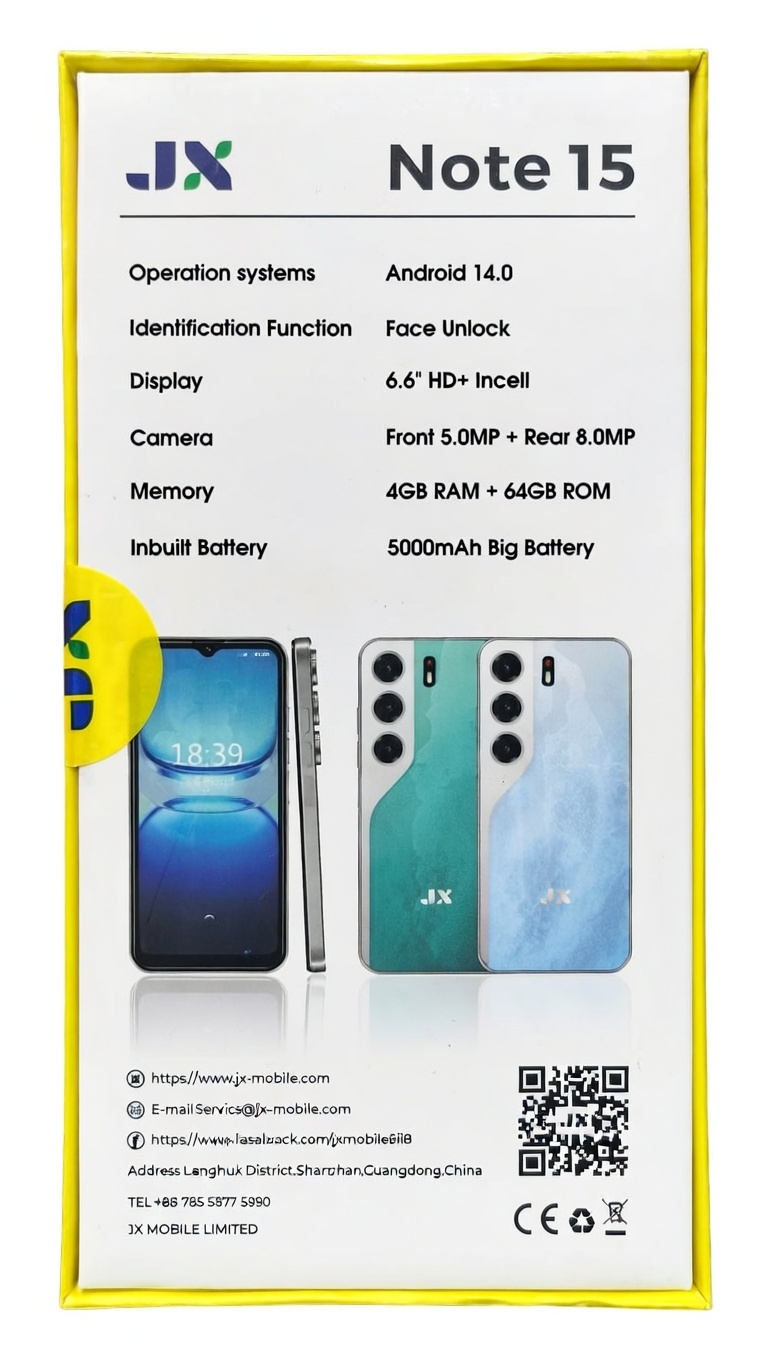 JX Note 15 Smartphone 4GBRAM + 64GB ROM Display: 6.6″ HD+ Incell 5MP Front + 8MP Rear AI Camera 5000mAh Big Battery Dual sim Android 14 Smart Phones