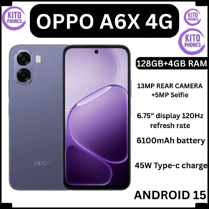 Brand New OPPO A6X 128GB ROM + 4GB RAM 6.75" SCREEN DISPLAY Smartphone 6100 mAh Battery CAPACITY 120Hz refresh rate 13MP+5MP Camera 12 Months warranty Android 15 Dual Sim Smart phones