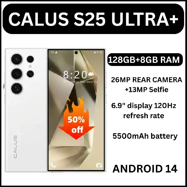 CALUS S25 Ultra+, 6.9 Inch Incell Display 8GB RAM+ 128GB ROM, 13MP FRONT+26MP REAR,5500mAh Long Standby Batttery, Charging and Stylus Pen ANDROID 14,120Hz REFRESH RATE, MEDIA TEK PHONE SMARTPHONE