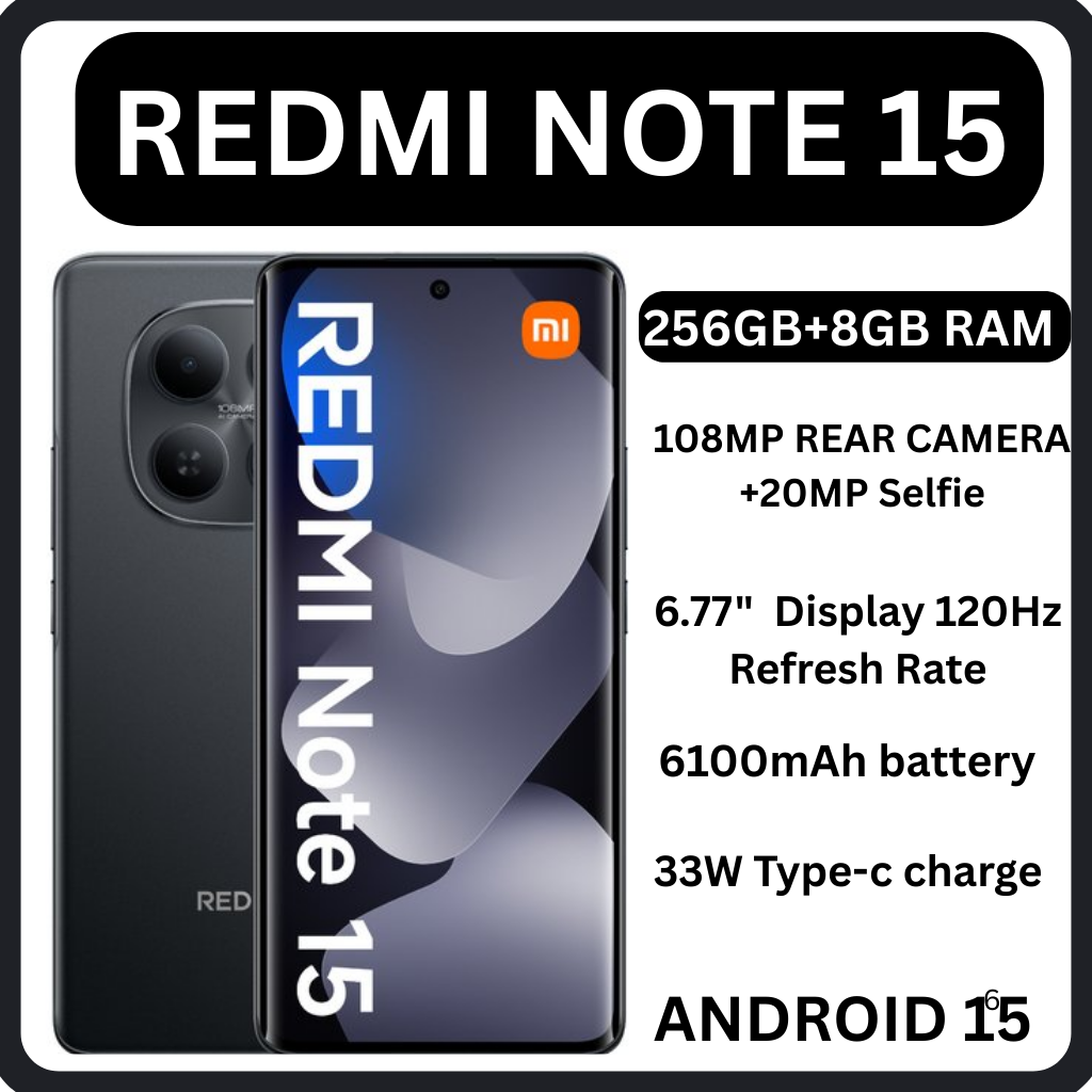 BRAND NEW ] XIAOMI Redmi Note 15 256GB ROM + 8GB RAM 6.77" 120Hz AMOLED Curved Display 108 MP Rear Camera 20MP Selfie 6000mAh Battery 33W FAST CHARGING  ANDROID 15 SMARTPHONE + FREE GIFTS JUST FOR YOU
