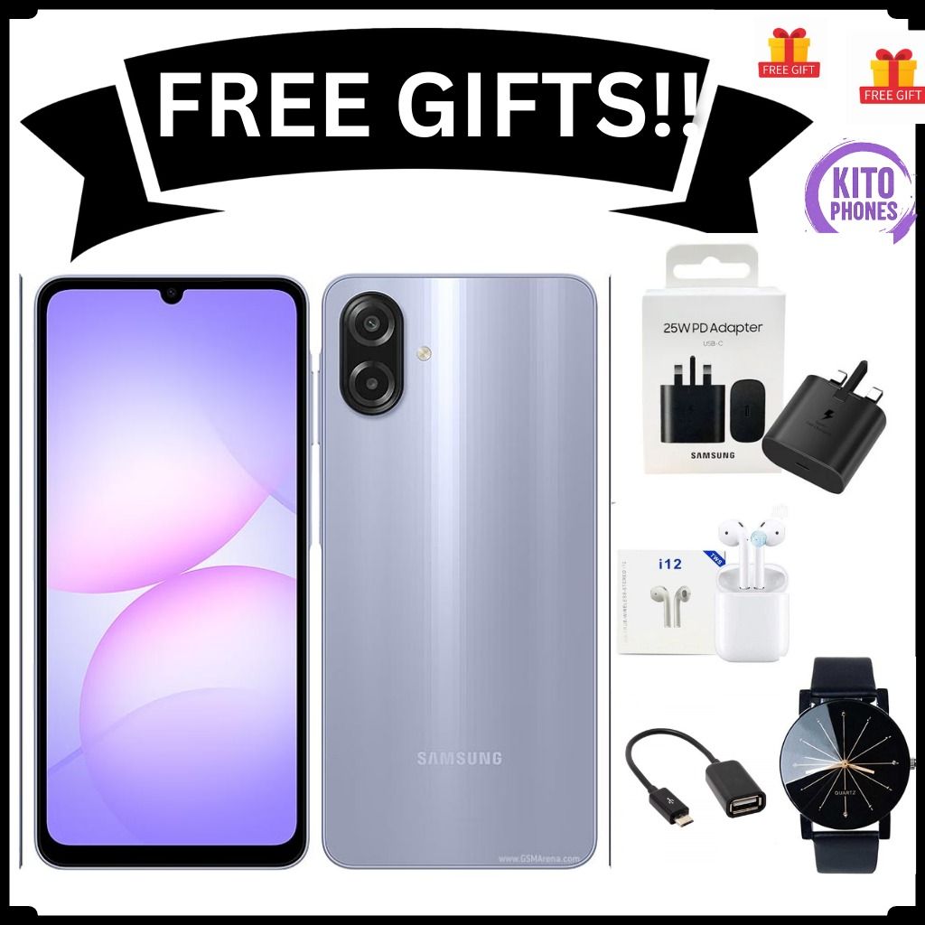 Samsung Galaxy A07 64GB+4GB 6.7" 90Hz 50MP Dual Camera MTK Helio G99 5000mAh 25W Type-C Charge Android 15 Smart Phones IP54 Waterproof  phone smartphone+ FREE GIFTS (ADAPTER,EARPODS,OTG CABLE+ WATCH)