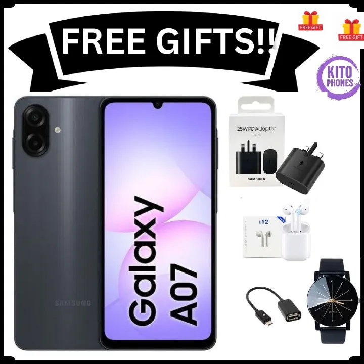 Samsung Galaxy A07 64GB+4GB 6.7" 90Hz 50MP Dual Camera MTK Helio G99 5000mAh 25W Type-C Charge Android 15 Smart Phones IP54 Waterproof  phone smartphone+ FREE GIFTS (ADAPTER,EARPODS,OTG CABLE+ WATCH)