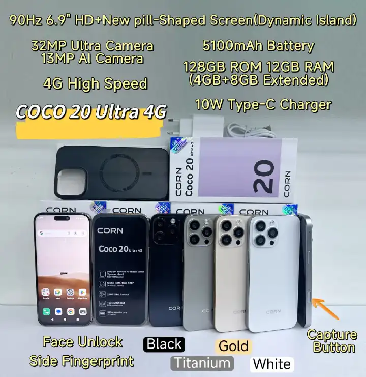 [BRAND NEW] CORN COCO 20 ULTRA 4G 128GB Storage Up to 12GB (4+8) RAM 6.9'' Display 32MP Main +13MP Front Camera 5100mAh Strong Battery, NFC 4G Dual SIM, Type-C Fast Charging Android phones