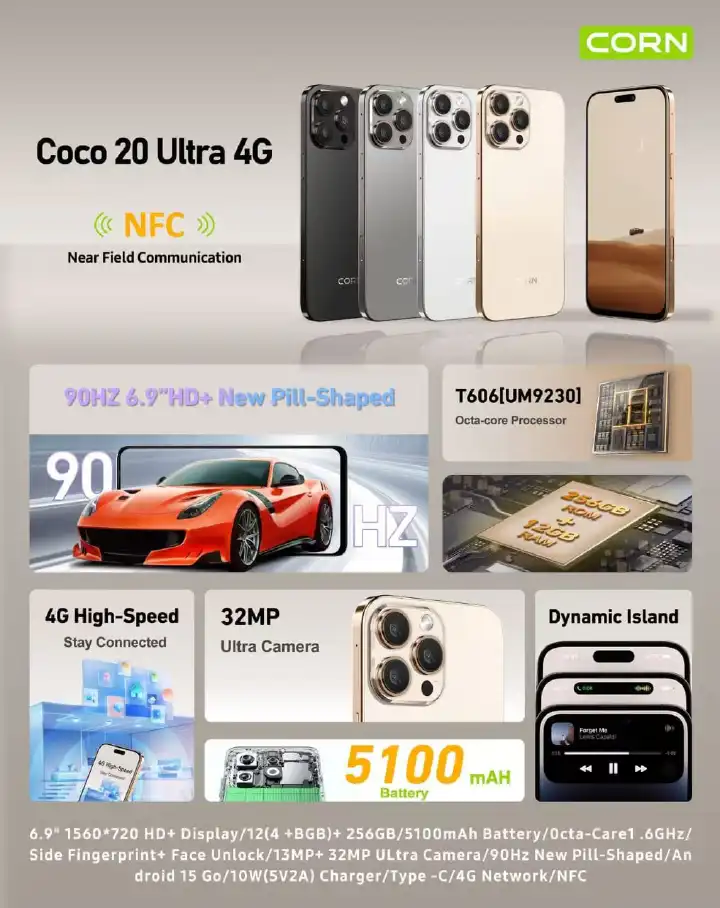 [BRAND NEW] CORN COCO 20 ULTRA 4G 128GB Storage Up to 12GB (4+8) RAM 6.9'' Display 32MP Main +13MP Front Camera 5100mAh Strong Battery, NFC 4G Dual SIM, Type-C Fast Charging Android phones