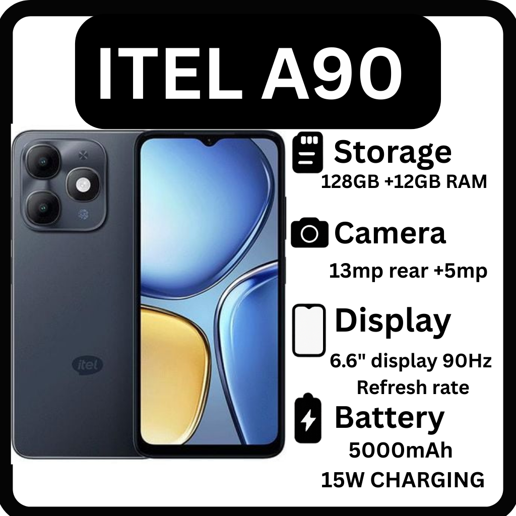Itel A90 128GB+12(4+8)GB RAM 6.6“ 90HZ Display Phone Dual SIM 4G Network 13MP Camera Fingerprint Unlock 15W 5000 mAh Battery Android 14 Smart Phones+ FREE GIFTS(WATCH,POWERBANK ,SPEAKER +EARPODS)
