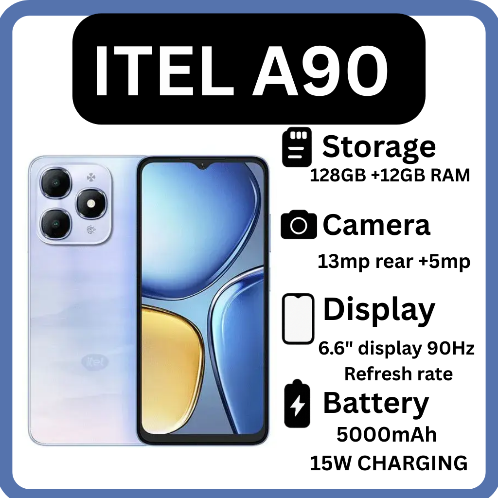 Itel A90 128GB+12(4+8)GB RAM 6.6“ 90HZ Display Phone Dual SIM 4G Network 13MP Camera Fingerprint Unlock 15W 5000 mAh Battery Android 14 Smart Phones+ FREE GIFTS(WATCH,POWERBANK ,SPEAKER +EARPODS)