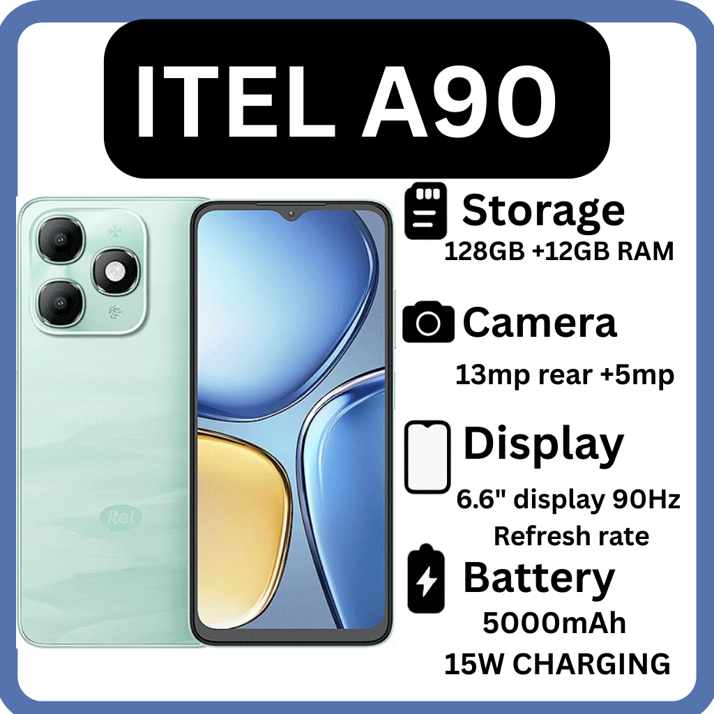 Itel A90 128GB+12(4+8)GB RAM 6.6“ 90HZ Display Phone Dual SIM 4G Network 13MP Camera Fingerprint Unlock 15W 5000 mAh Battery Android 14 Smart Phones+ FREE GIFTS(WATCH,POWERBANK ,SPEAKER +EARPODS)
