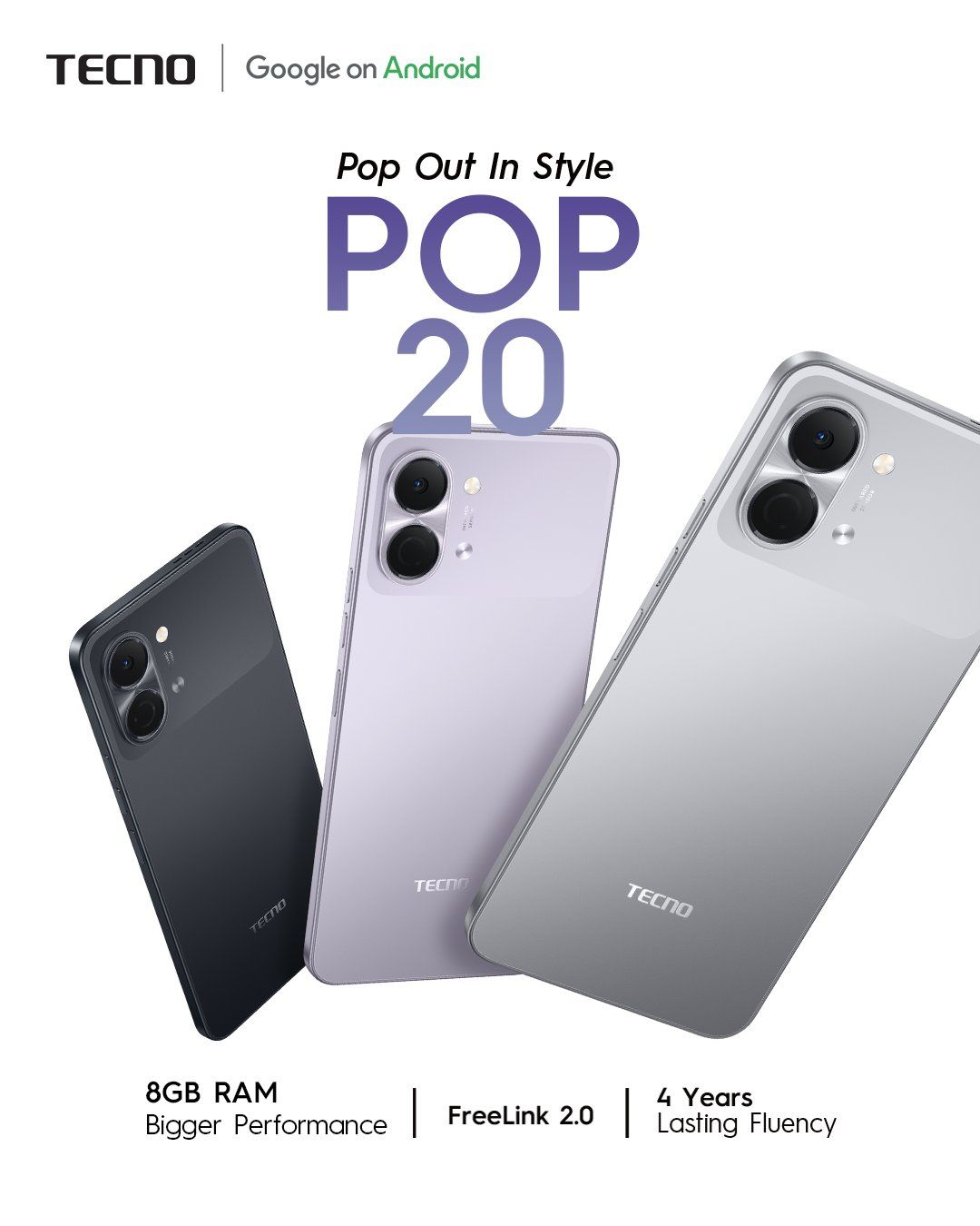 Brand New Tecno Pop 20 64GB + 4GB RAM 120Hz 6.75" Display IP64 Dust & Water Resistance 13MP Camera  UNISOC T7250 Processor 5000mAh Long-lasting Battery 15W Fast Charging smartphone