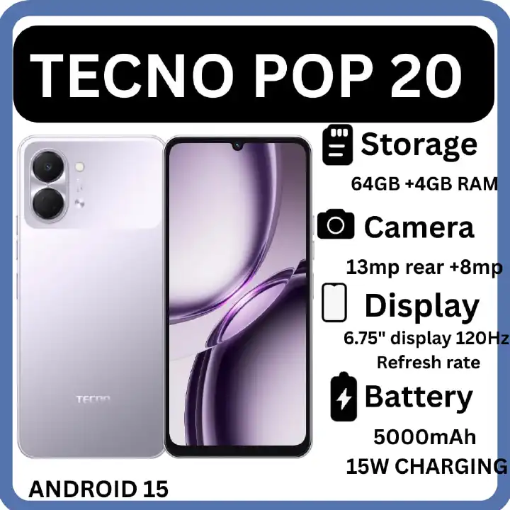 Brand New Tecno Pop 20 64GB + 4GB RAM 120Hz 6.75" Display IP64 Dust & Water Resistance 13MP Camera  UNISOC T7250 Processor 5000mAh Long-lasting Battery 15W Fast Charging smartphone