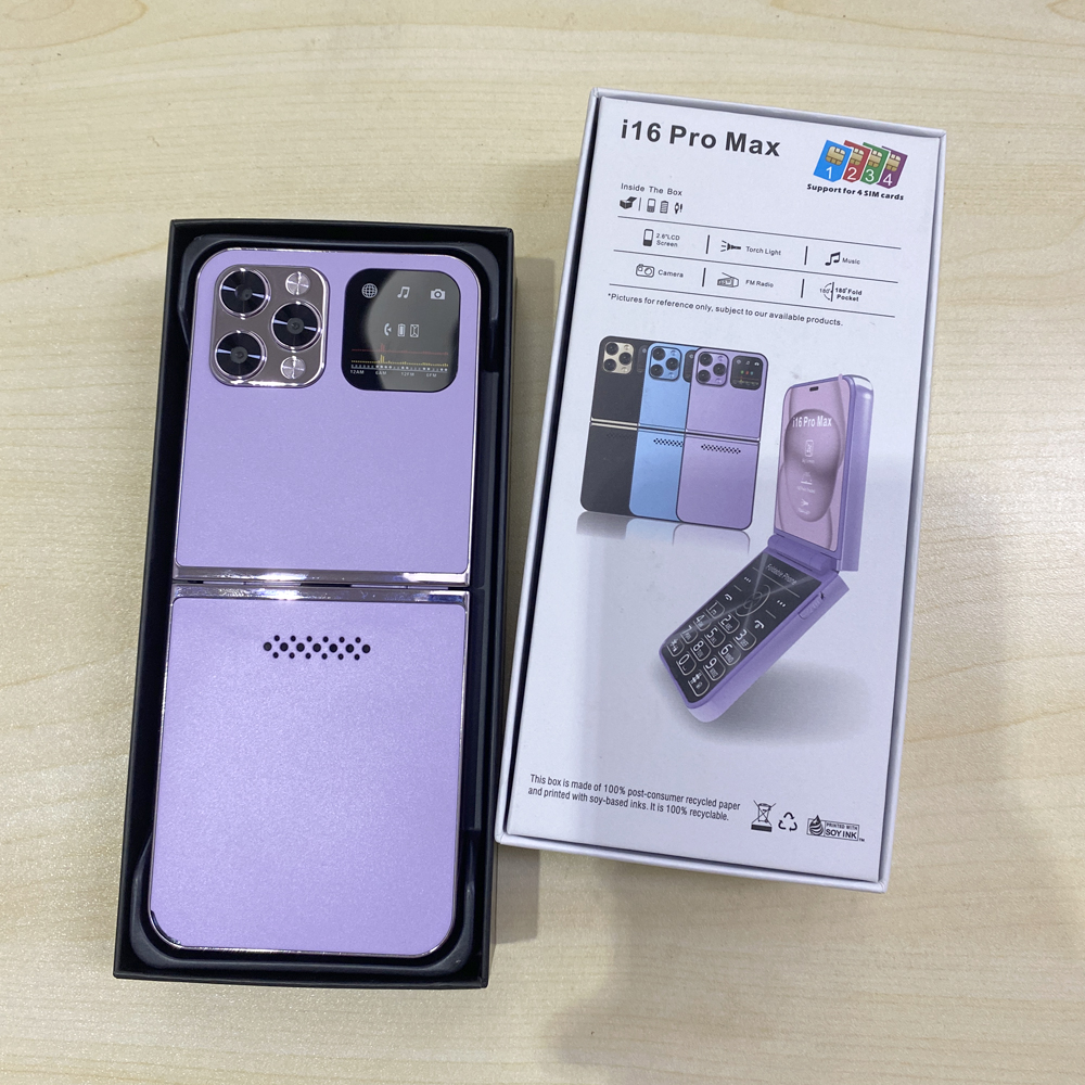 i16 Promax flip phone supports 4 SIM Card 1400mAh battery Qwerty Keyboard FM Radio 2.8 Inch Screen Square Shape Foldable Small Mobile Phone