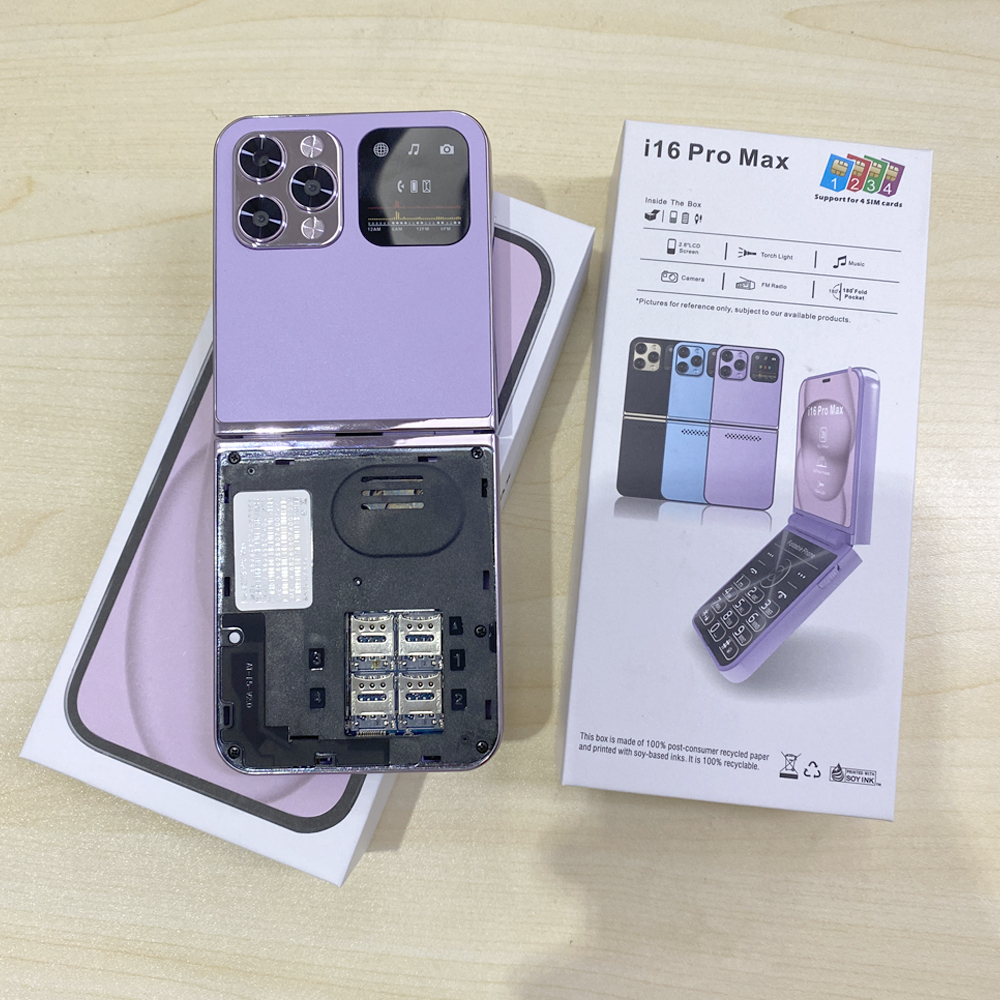 i16 Promax flip phone supports 4 SIM Card 1400mAh battery Qwerty Keyboard FM Radio 2.8 Inch Screen Square Shape Foldable Small Mobile Phone