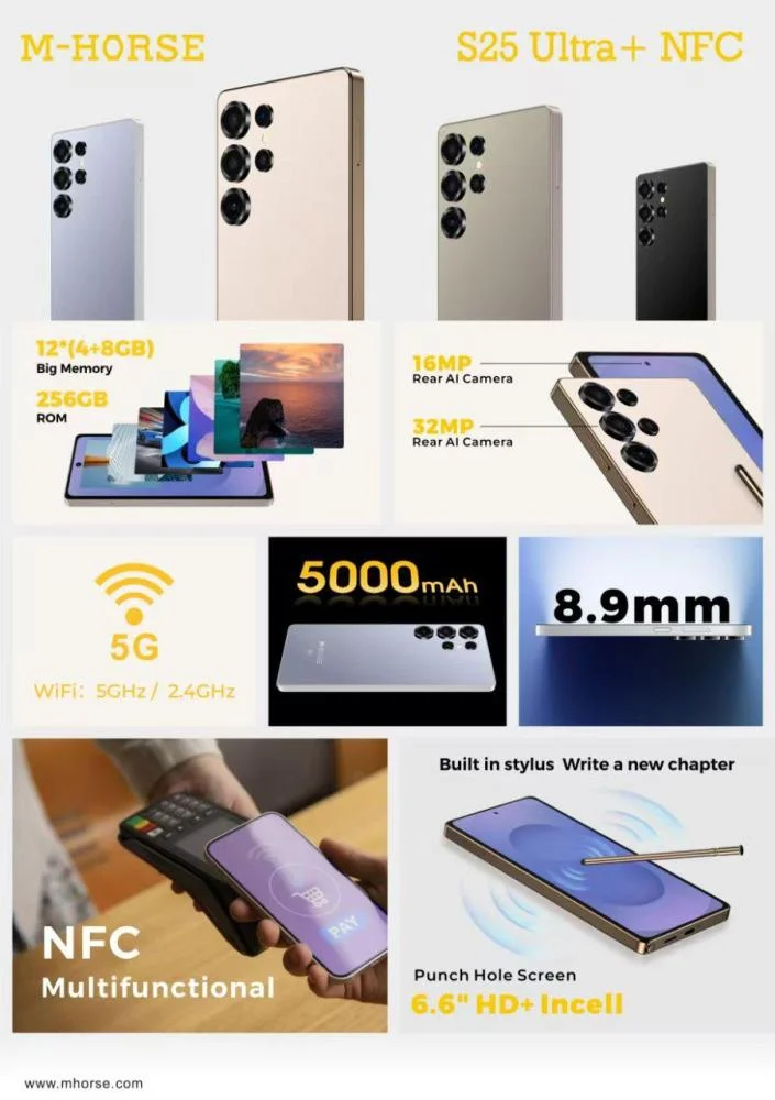 M-HORSE S25 Ultra+ 6.6'' DISPLAY 8GB (4+4GB)RAM + 128GB ROM 16MP Selfie+32MP Rear camera 5000mAh battery capacity with stylus pen side fingerprint UNLOCK Android 14 phone smartphone +FREE AIRPODS
