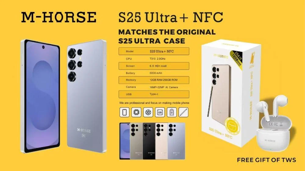 M-HORSE S25 Ultra+ 6.6'' DISPLAY 8GB (4+4GB)RAM + 128GB ROM 16MP Selfie+32MP Rear camera 5000mAh battery capacity with stylus pen side fingerprint UNLOCK Android 14 phone smartphone +FREE AIRPODS