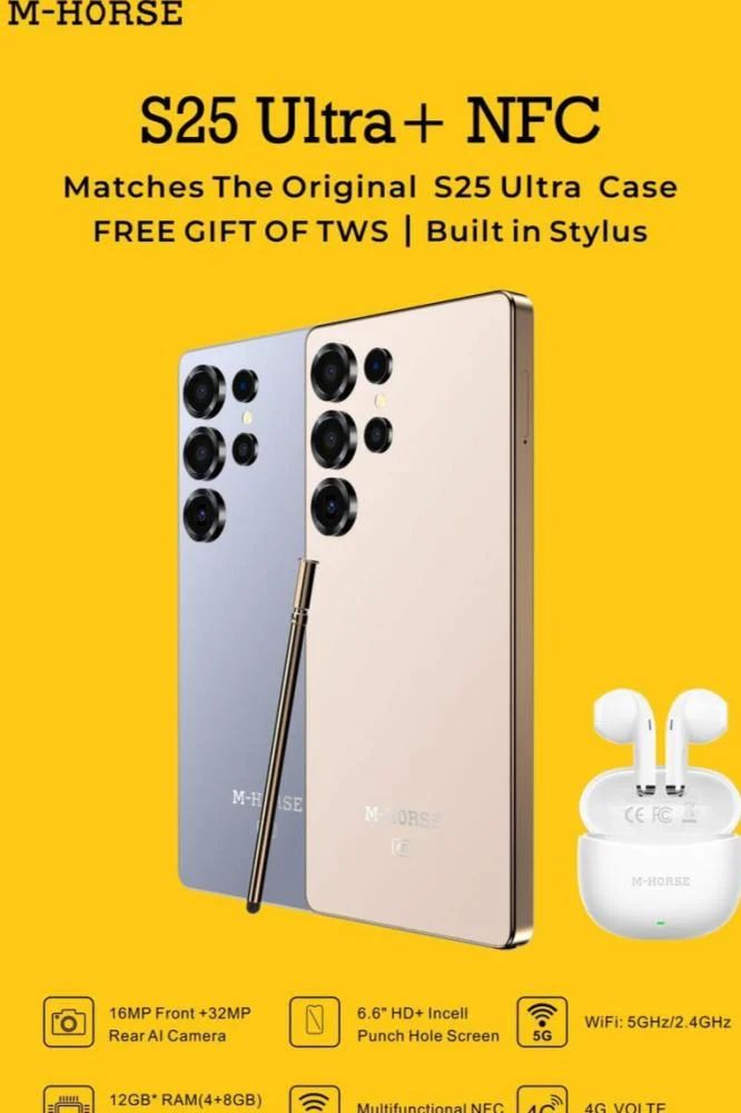 M-HORSE S25 Ultra+ 6.6'' DISPLAY 8GB (4+4GB)RAM + 128GB ROM 16MP Selfie+32MP Rear camera 5000mAh battery capacity with stylus pen side fingerprint UNLOCK Android 14 phone smartphone +FREE AIRPODS