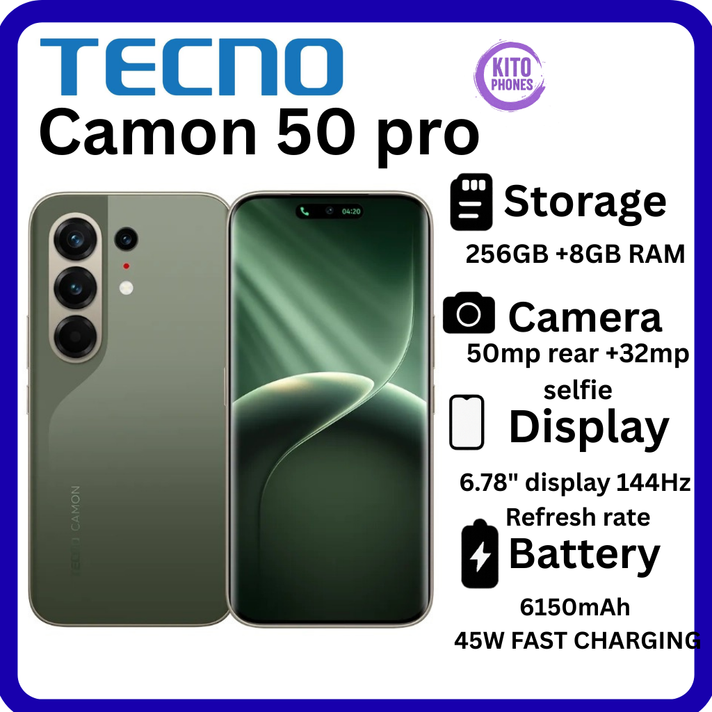 NEW ARRIVAL Tecno CAMON 50 PRO 256GB ROM +16GB(8+8GB )RAM, 6.78" AMOLED CURVED SCREEN 5200mAh BATTERY 50MP MAIN CAMERA 32MP SELFIE ANDROID 16 SMARTPHONE +FREE GIFTS(POWERBANK+COVER +PROTECTOR+OTG)
