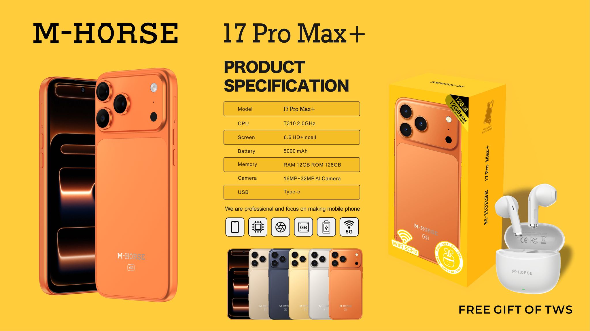 M HORSE 17 PRO MAX+ 128GB ROM + 12GB(6+6GB EXTENDED) RAM, 32MP+16MP AI CAMERA, 5000MAH, 6.6 HD+ INCELL PUNCH HOLE SCREEN, ANDROID 14, FACE ID. WITH FREE EARPODS+ ANTI DROP SHIELDCASE
