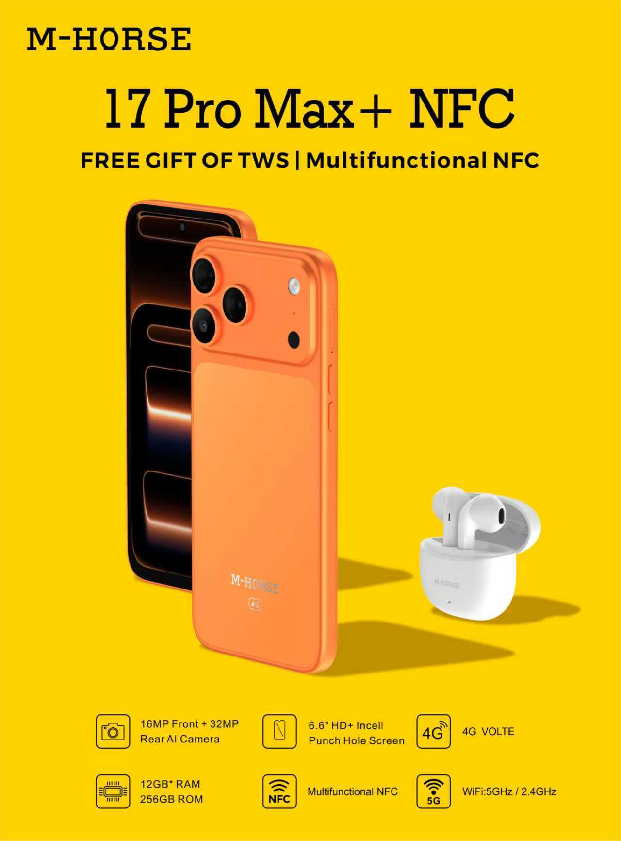 M HORSE 17 PRO MAX+ 128GB ROM + 12GB(6+6GB EXTENDED) RAM, 32MP+16MP AI CAMERA, 5000MAH, 6.6 HD+ INCELL PUNCH HOLE SCREEN, ANDROID 14, FACE ID. WITH FREE EARPODS+ ANTI DROP SHIELDCASE